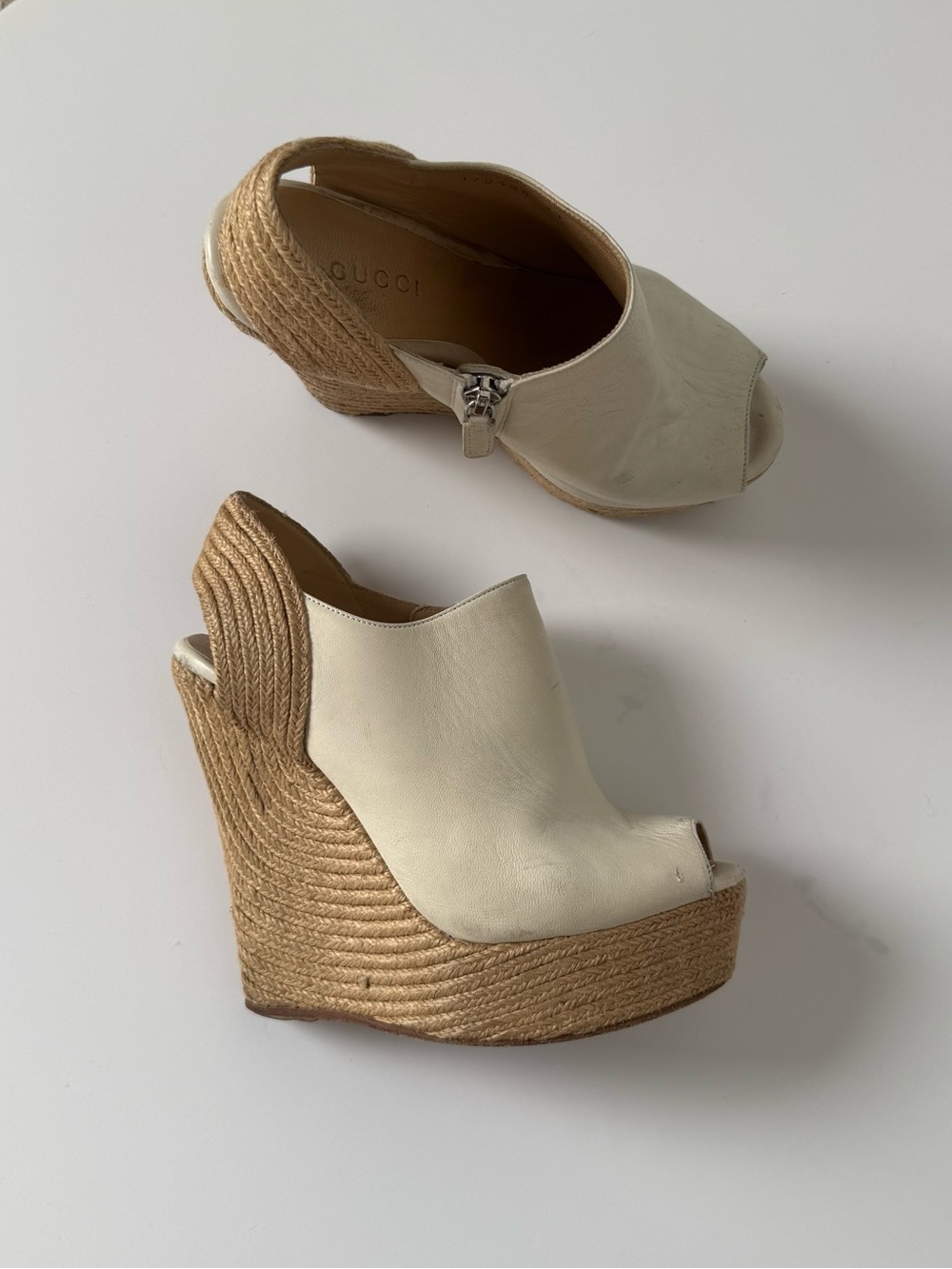 Gucci Cream Leather Peep-Toe Espadrille Wedge Sandals